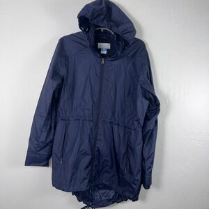 Columbia Firwood Long Jacket‎ Womens Large Omni Tech Full Zip Hooded ~Navy Blue